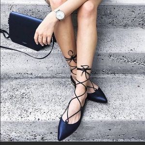 Aquazzura Black Lace-Up Pointed Toe Flats